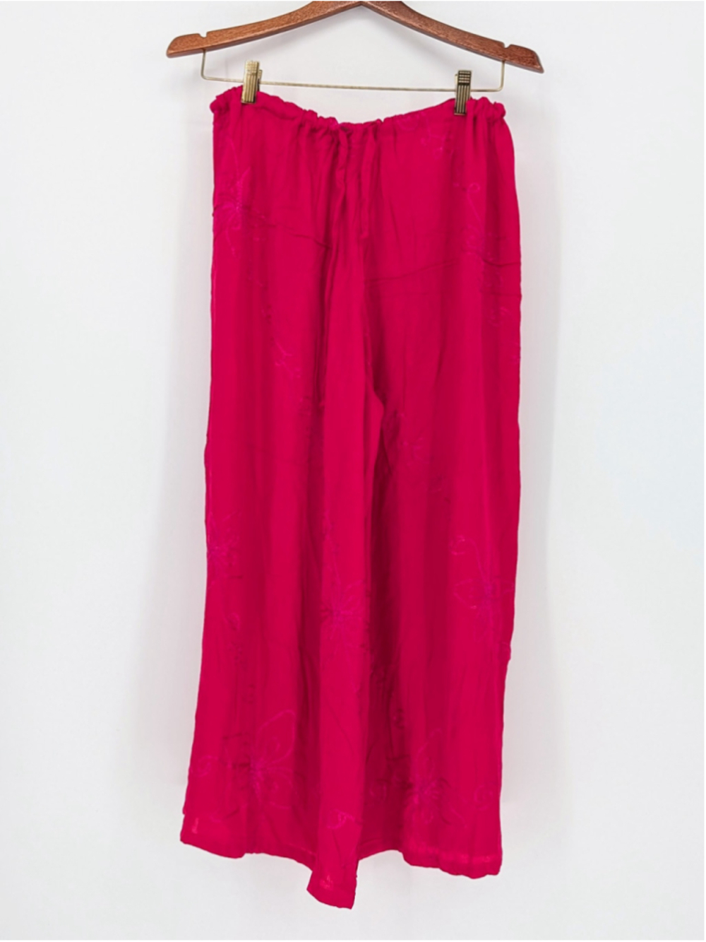 Fuchsia Pink Embroidered Wide Leg Palazzo Pants Boho Drawstring Cropped